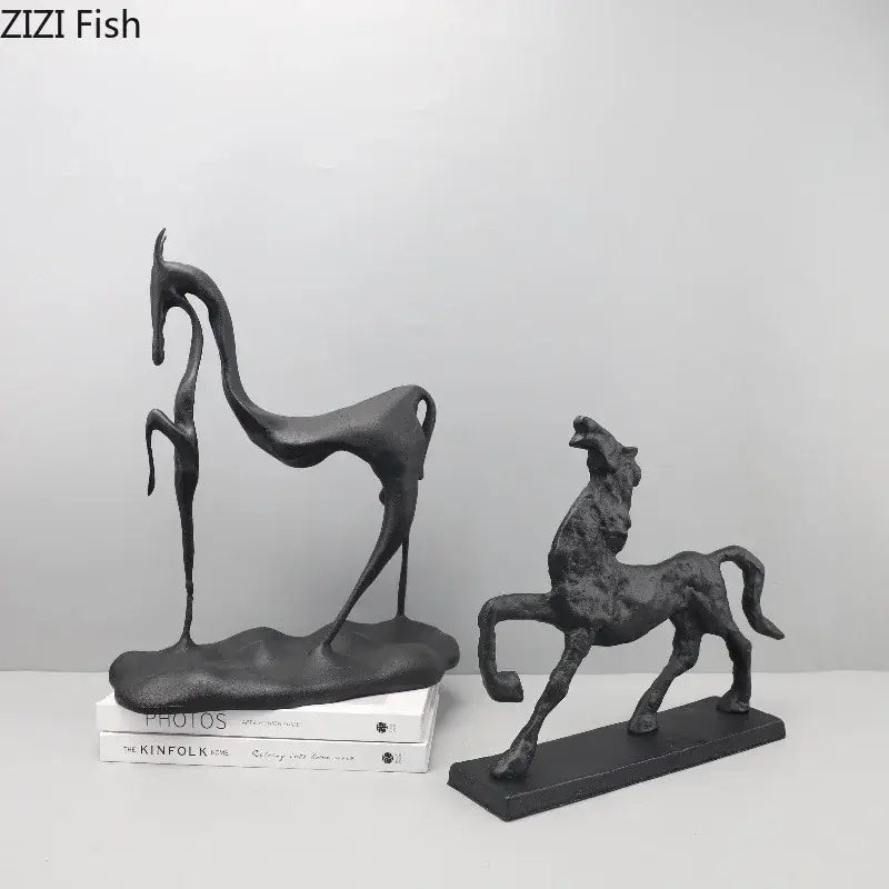 Minimalist black cast iron horse sculpture set featuring abstract designs with elongated limbs and rearing pose for living room decorbites cast iron desk decor