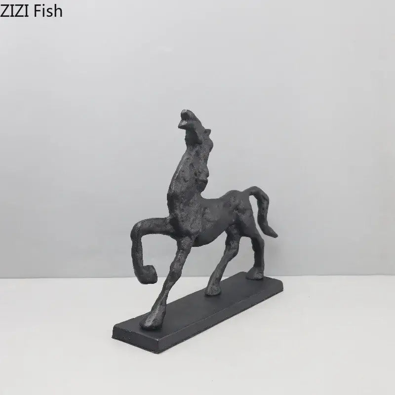 Minimalist black matte cast iron horse sculpture with textured surface on rectangular base for living room decorbites cast iron decor