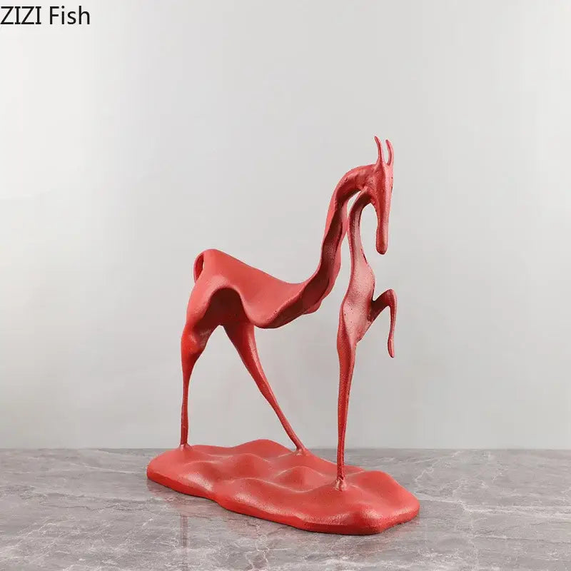 Red abstract cast iron horse sculpture with smooth glossy finish and flowing form for living room decorbites decor