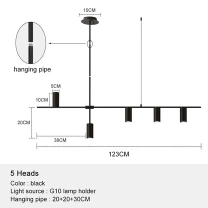 Minimalist black chandelier pendant with five cylindrical lamp heads and sleek pipe for dining room decorbites pendant lights