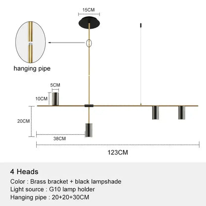 Minimalist black chandelier pendant light with brass bracket and four g10 bulb holders for dining room decorbites pendant lights