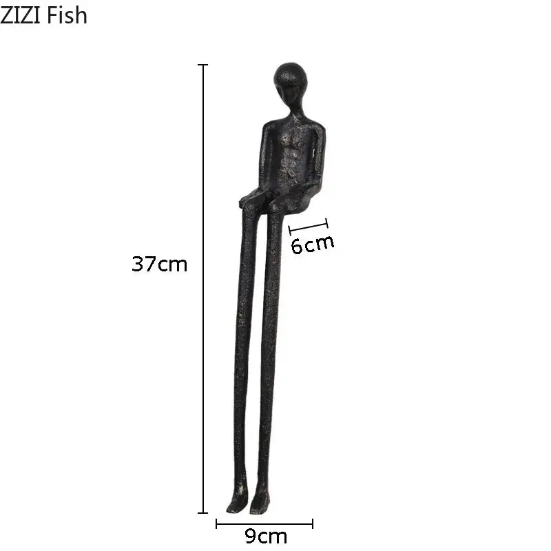 Minimalist black character metal statue with matte finish and elongated limbs for living room desk ornament 37cm tall