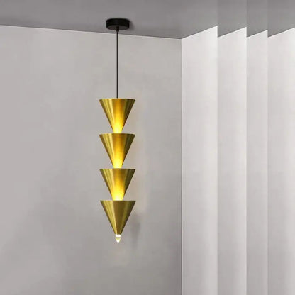 Minimalist black conical pendant light with four stacked golden shades for decorbites cream bedroom chandelier use