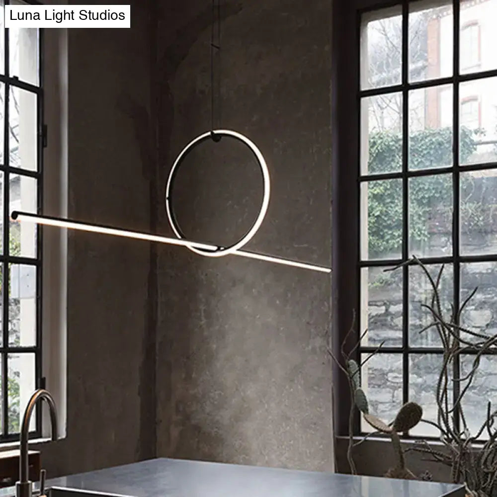 Minimalist black contemporary metal led pendant light with a sleek white frame and illuminated bar in office setting