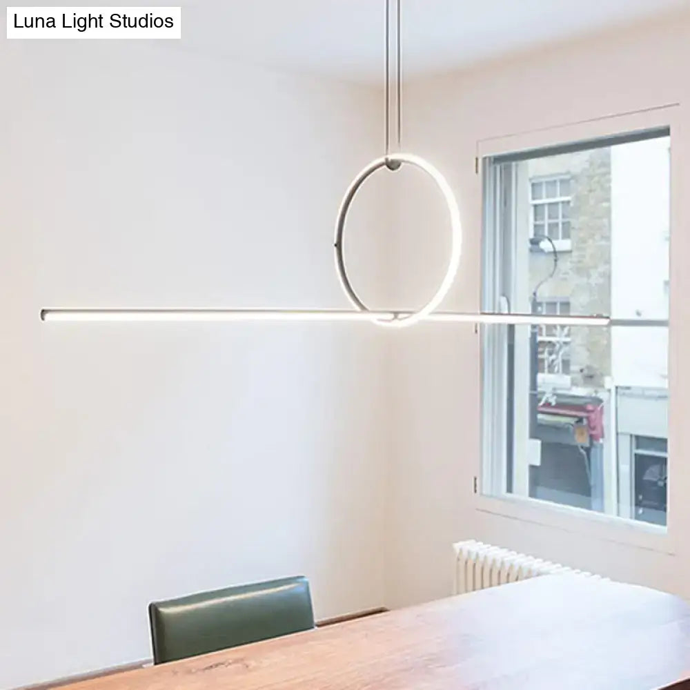 Minimalist black contemporary metal led pendant light with illuminated ring and horizontal bar in warm white for office