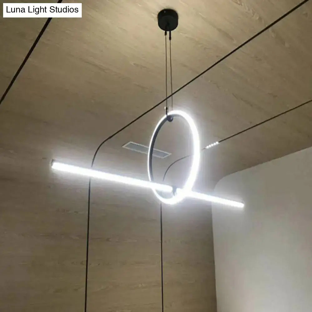 Minimalist black contemporary metal led pendant light with circular ring and horizontal led bar for office lighting