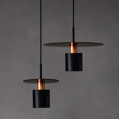 Minimalist black and copper iron art led chandelier with cylindrical pendant lights and flat circular shades for bedroom decorbites iron art