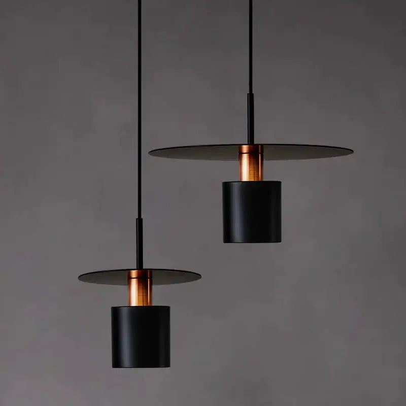 Minimalist black and copper iron art led chandelier with cylindrical pendant lights and flat circular shades for bedroom decorbites iron art