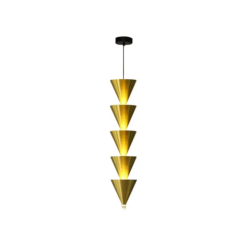 Minimalist black and cream bedroom chandelier with five stacked golden conical pendant lights by decorbites cream bedroom decor