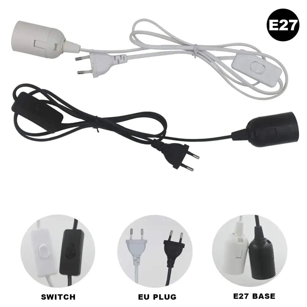 Black and white e27 lamp cord extension with integrated switch and eu plug for decorbites decorative lamp use