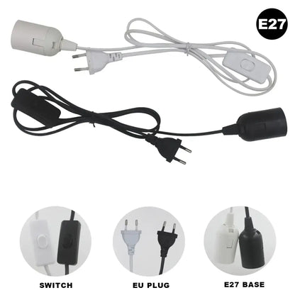 Black and white e27 lamp cord extension with integrated switch and eu plug for decorbites decorative lamp use