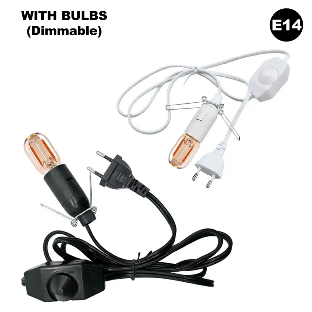 Minimalist black decorative lamp cord with dimmer switch featuring dimmable e14 led filament bulbs and black and white cords