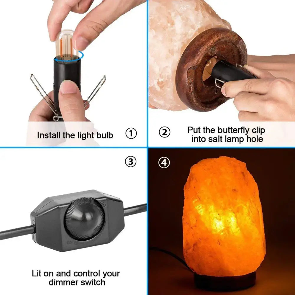 A warm orange himalayan salt lamp with rough texture and dark wooden base paired with minimalist black lamp cord