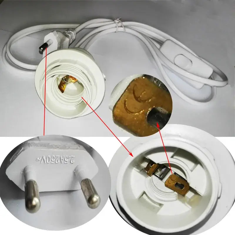 White plastic lamp socket with brass contact and integrated switch for minimalist black decorbites decorative lamp cord