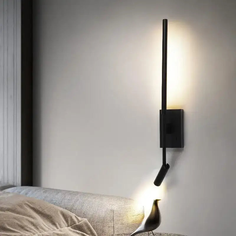 Minimalist black decorative led wall lamp with a sleek vertical rod and adjustable spotlight for bedroom decorbites decorative led wall use