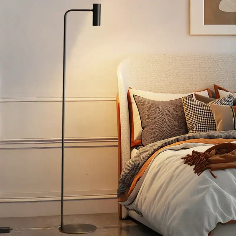 Black metal decorbites brass floor light with sleek curved design and cylindrical head for minimalist bedroom decor