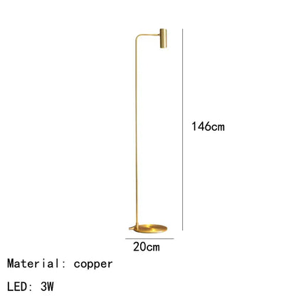 A sleek 146cm tall minimalist copper decorbites brass floor light with led bulb for bedroom use