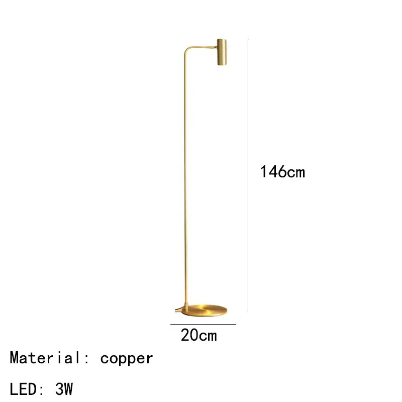 A sleek 146cm tall minimalist copper decorbites brass floor light with led bulb for bedroom use