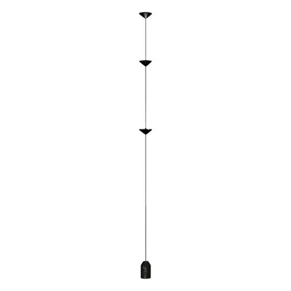 Black minimalist floor lamp with three triangular fixtures and a cylindrical base in decorbites cone design art style