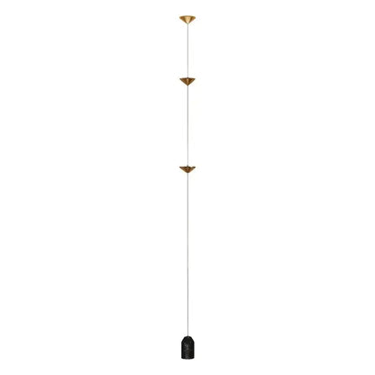 Gold-toned floor lamp with three conical decorbites cone design fixtures and black marble base for minimalist living room art