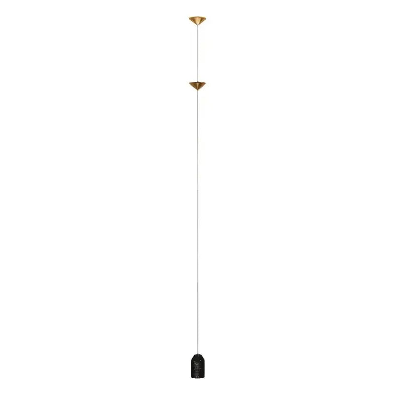 Gold-toned floor lamp with minimalist decorbites cone design featuring two conical fixtures and black textured base