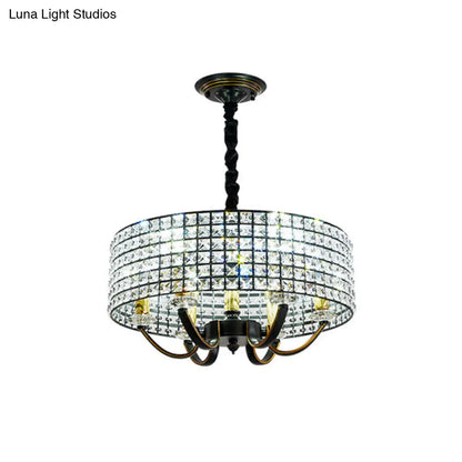 Lámpara colgante minimalista negra tipo tambor con adornos de cristal - Lámpara de comedor de 6 luces