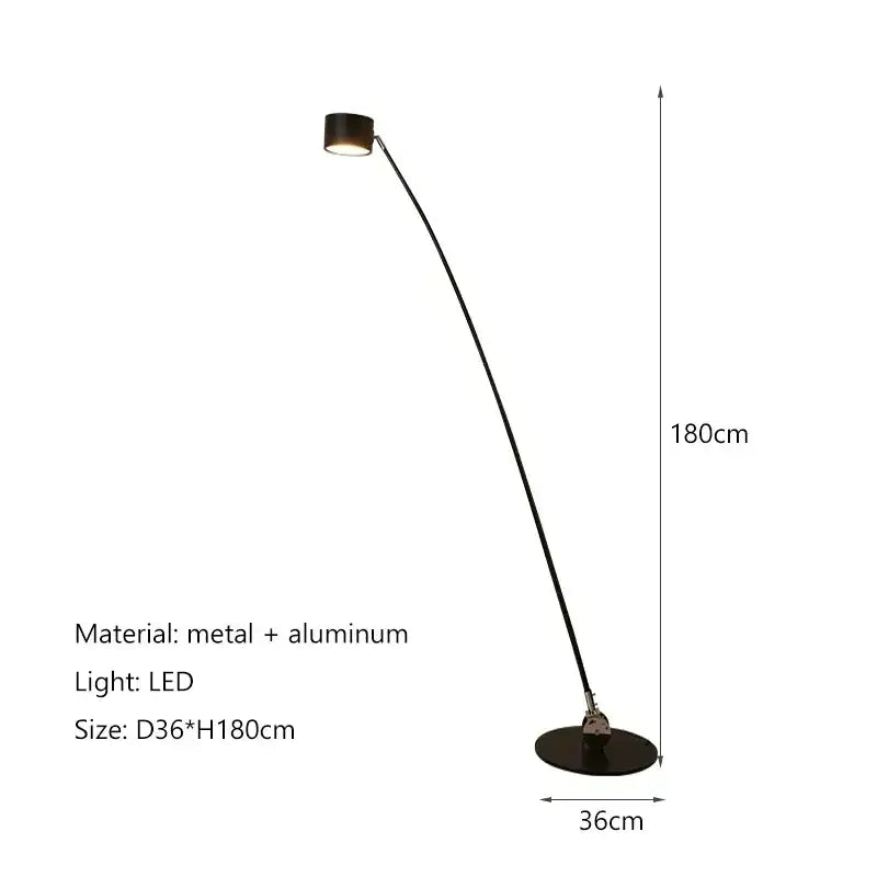 Minimalist black floor lamp with curved slender black metal and aluminum arm and circular base for living room decor