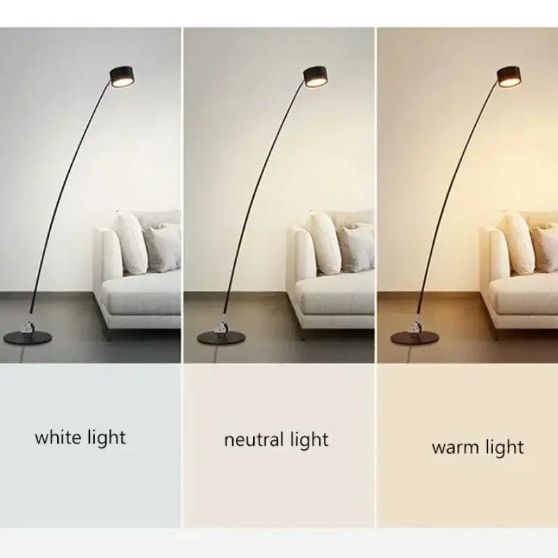 Minimalist black floor lamp with curved LED arms and adjustable light head for modern living room decor by decorbites
