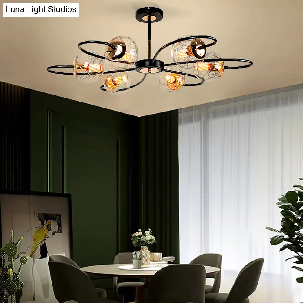 Minimalist Black Floral Swirl Chandelier Pendant Light with Clear Glass Ball for Living Room