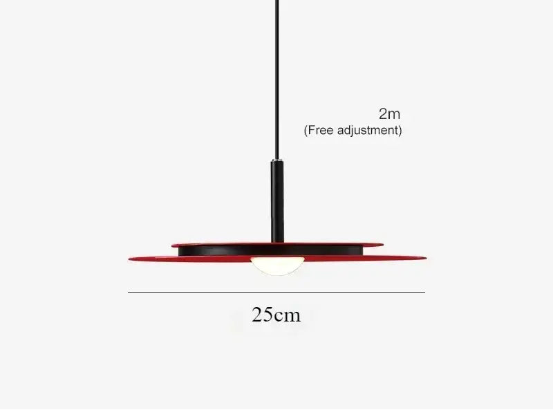 Minimalist black flying saucer led chandelier kitchen pendant light with red circular shade and adjustable 2 meter hanging length