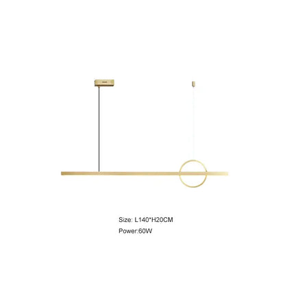 Minimalist black geometric copper chandelier with modern gold-toned pendant light featuring sleek bar and circular accent