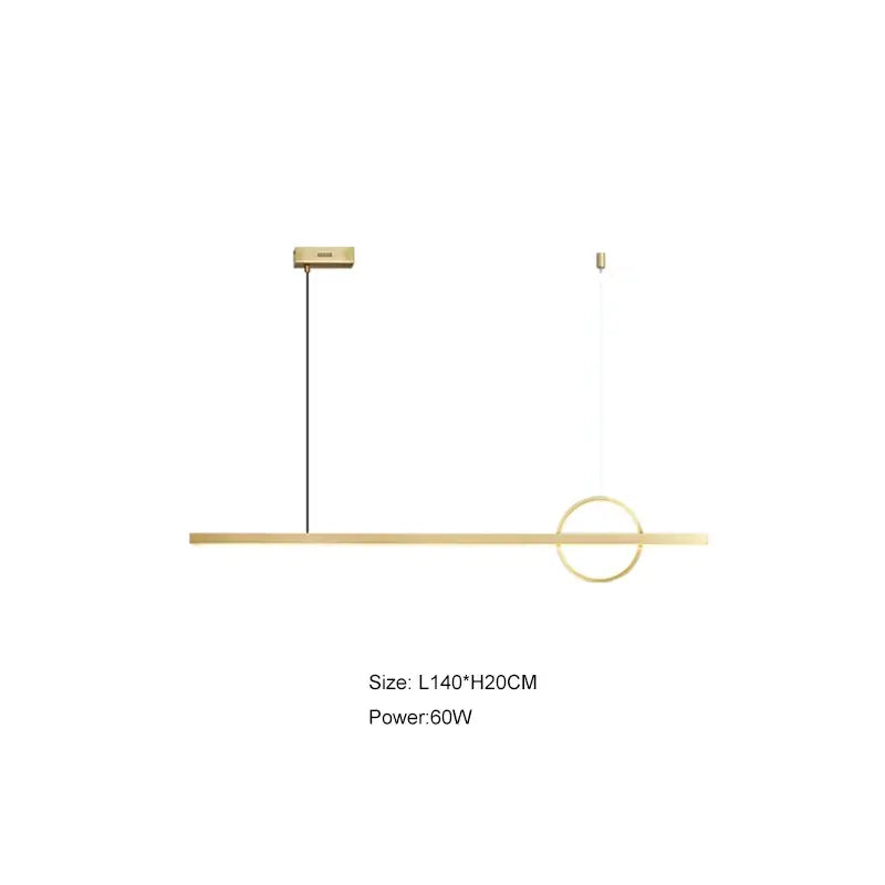 Minimalist black geometric copper chandelier with modern gold-toned pendant light featuring sleek bar and circular accent