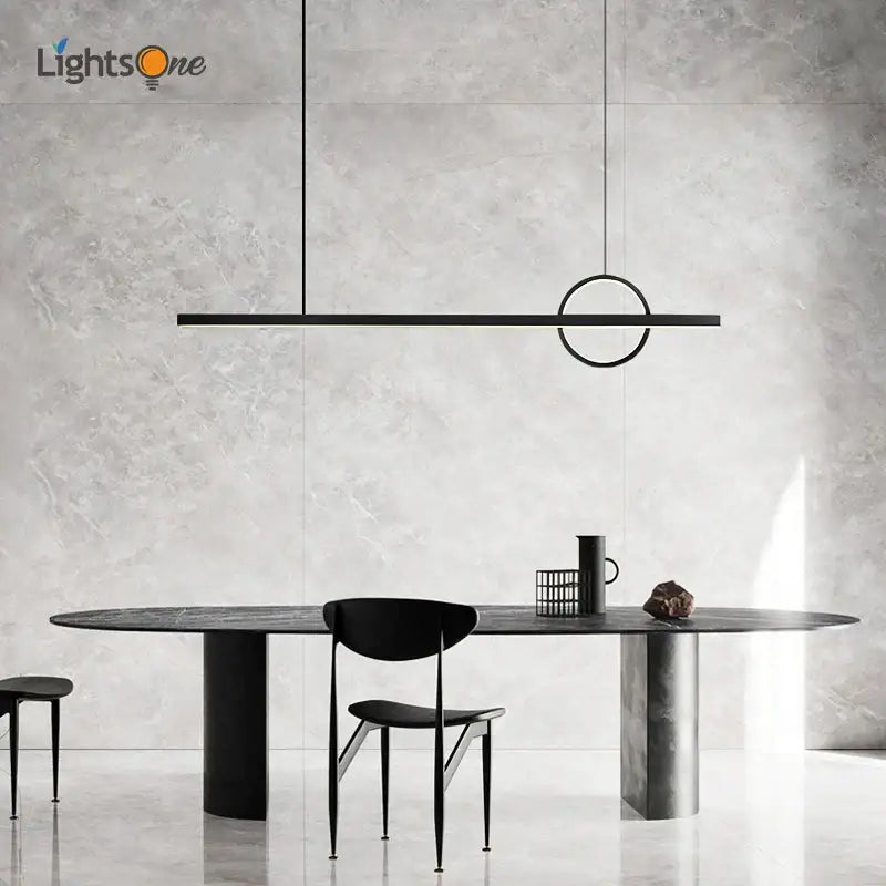 Minimalist black geometric copper chandelier with sleek horizontal bar and circular accent for dining room decorbites geometric copper