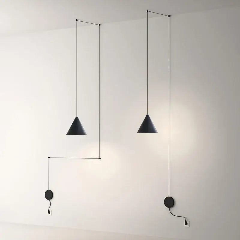 Minimalist black geometric led pendant light with conical shapes and sleek wire frames for modern living room decorbites fixture