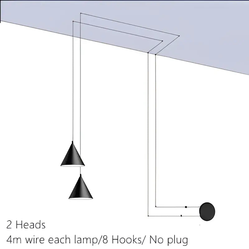 Minimalist black conical pendant light with decorbites geometric led design suspended by 4 meter wires for living room