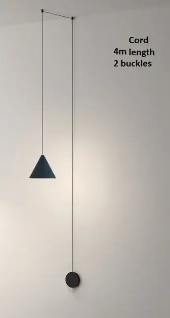 Dark blue conical minimalist black geometric led pendant light suspended by black cord with two buckles for decorbites geometric led decor