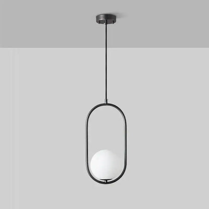 Minimalist black pendant lamp with a sleek oval metal frame and frosted white glass ball for dining room decorbites glass ball