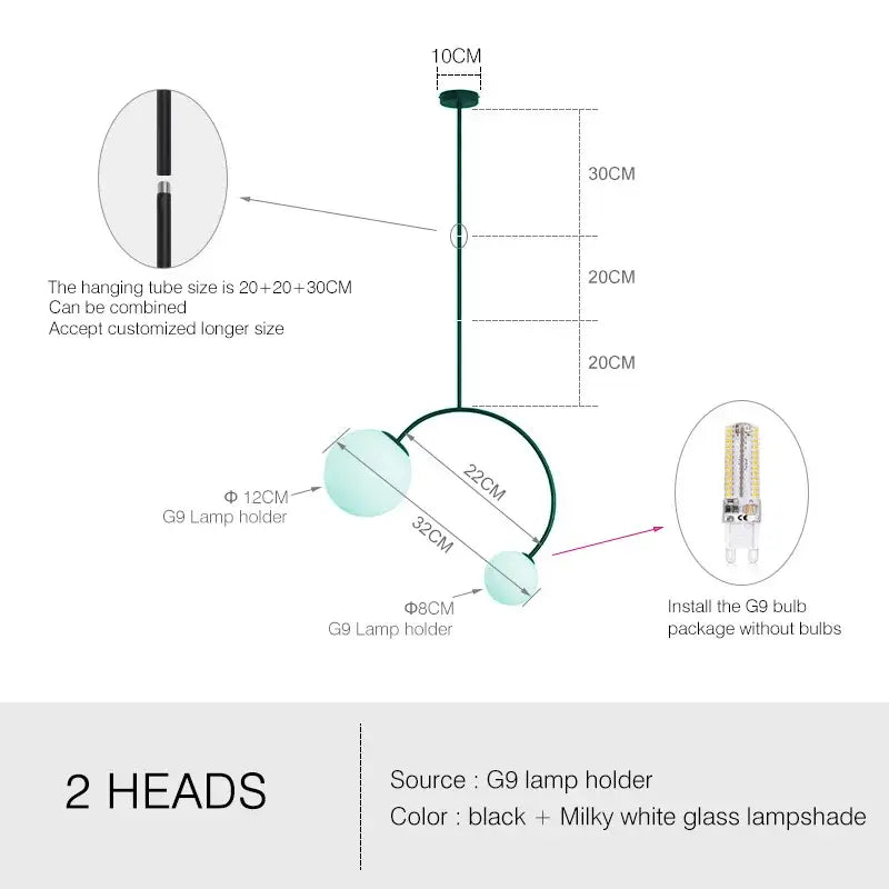 Minimalist black metal pendant lights with two milky white glass ball shades and g9 holders for dining room decorbites glass ball