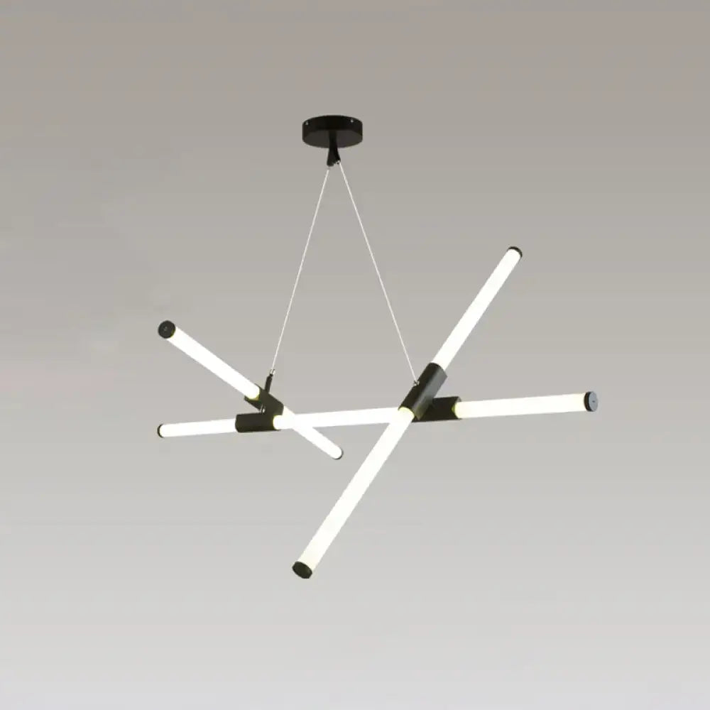 Modern black and white led tube pendant lamp with sleek glass tube arms and frosted white shade for offices