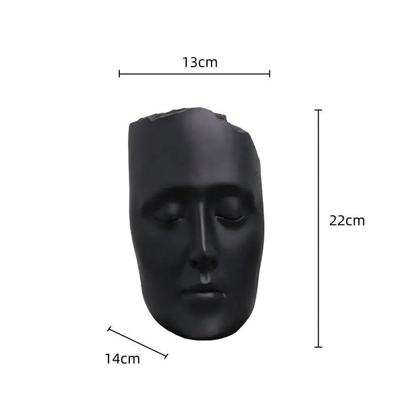 Minimalist black matte abstract face sculpture vase with gold accents 22cm tall for living room decor