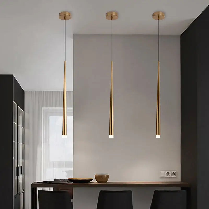 Minimalist black and gold cone tube pendant lights with sleek cylindrical bodies and warm led bulbs for dining decorbites cone tube pendant