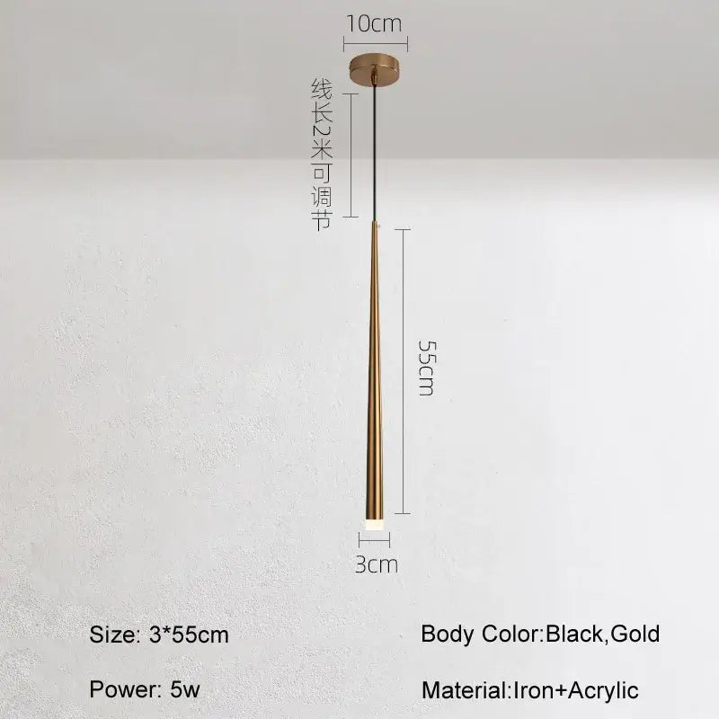 A sleek minimalist black and gold cone tube pendant light with slender gold body and black cable for kitchen decorbites pendant lights