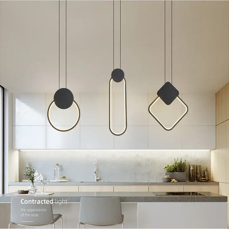 Minimalist black and gold decorbites crystal led pendant lights set of 3 with geometric design above kitchen island