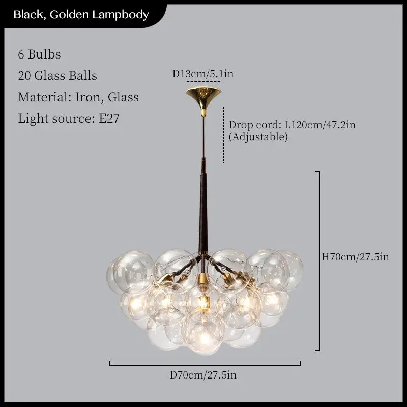 Minimalist black and gold iron chandelier pendant lights with 20 clear decorbites glass balls for living room decor