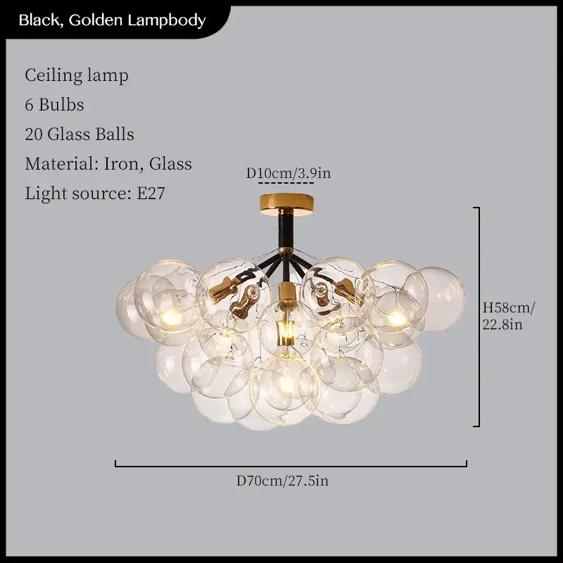 Minimalist black and gold iron pendant lights with 20 clear decorbites glass balls for glass balls ceiling decor