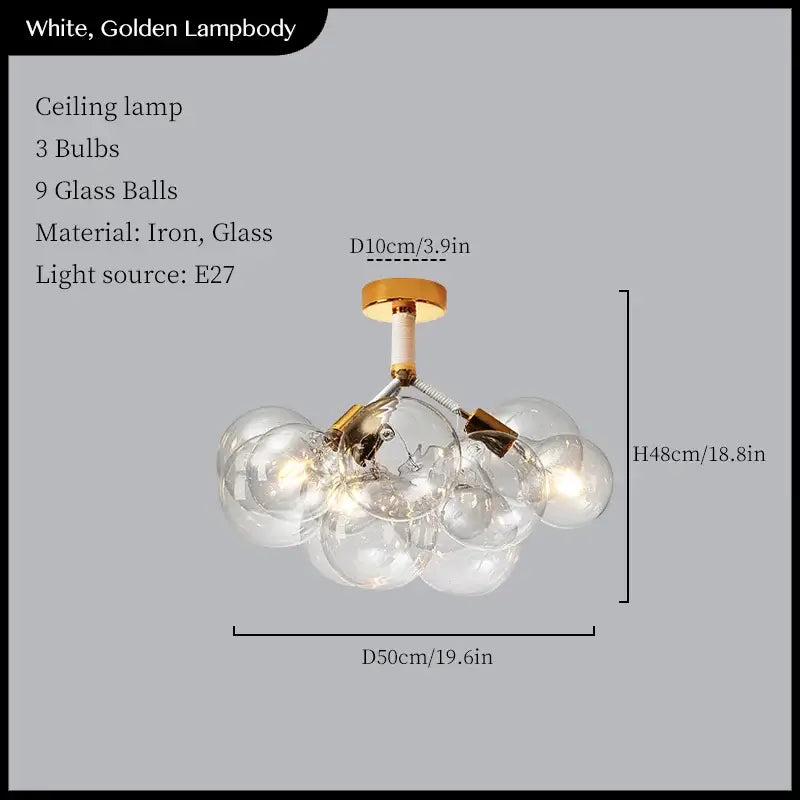 Minimalist black and gold glass balls ceiling pendant lights with nine clear glass balls on iron frame decorbites glass balls decor