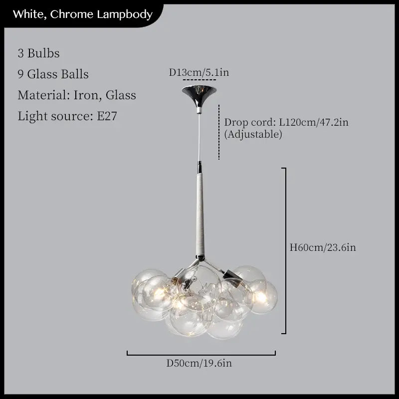 Modern white and chrome pendant lights with nine clear glass spheres on iron frame for decorbites glass balls ceiling use