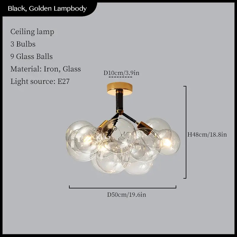 Minimalist black and gold pendant lights with nine clear glass balls for elegant living room decorbites glass balls ceiling