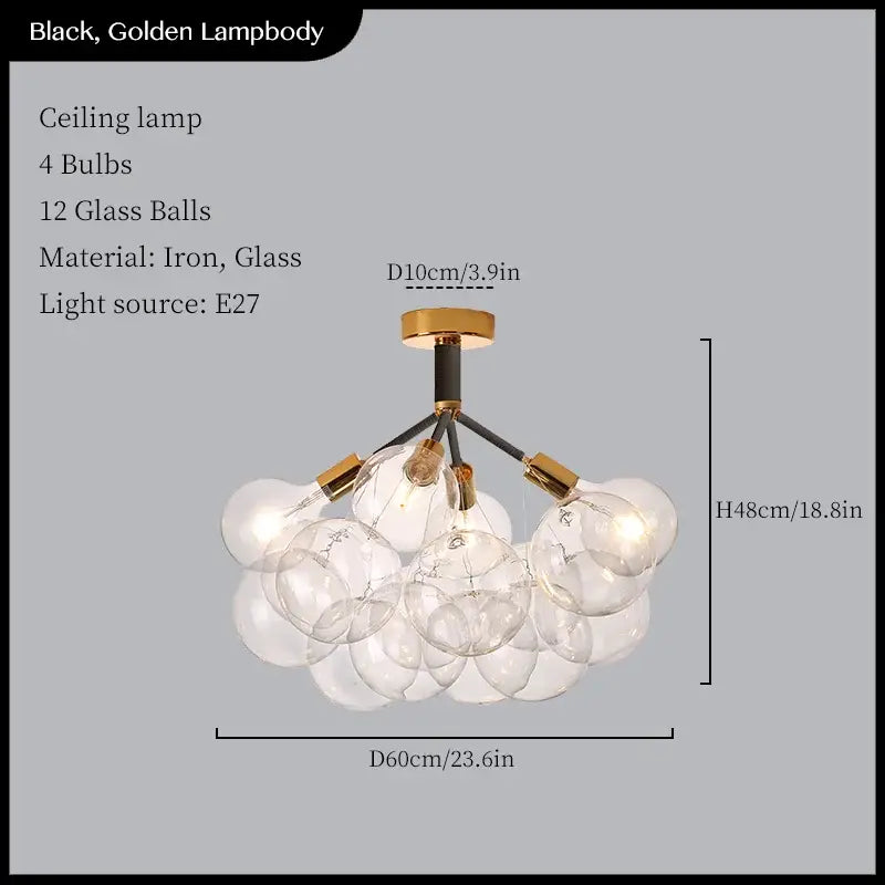 Minimalist black and gold pendant lights featuring 12 clear decorbites glass balls on an iron frame for living room decor