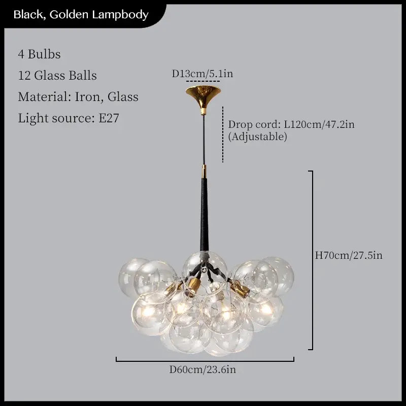 Minimalist black and gold pendant lights with 12 clear glass balls on iron frame for living room decorbites glass balls ceiling